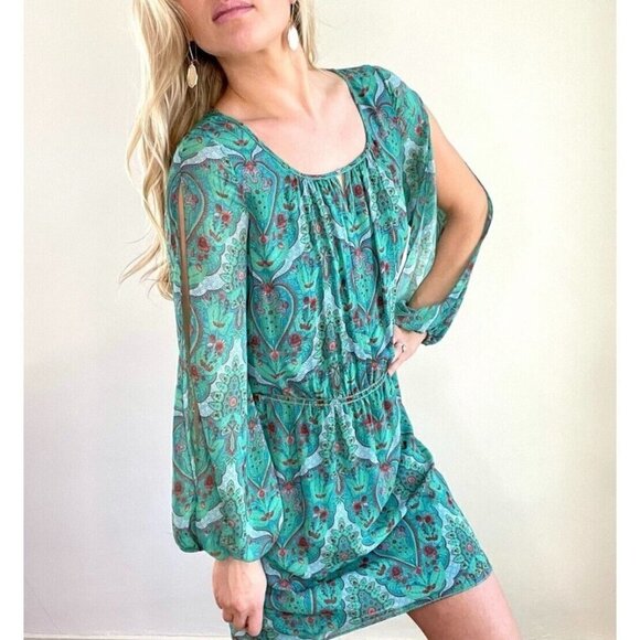 Chelsea & Violet Sz S Split Sleeve Shift Tunic Dress Blouson Paisley Print Green - Picture 8 of 13